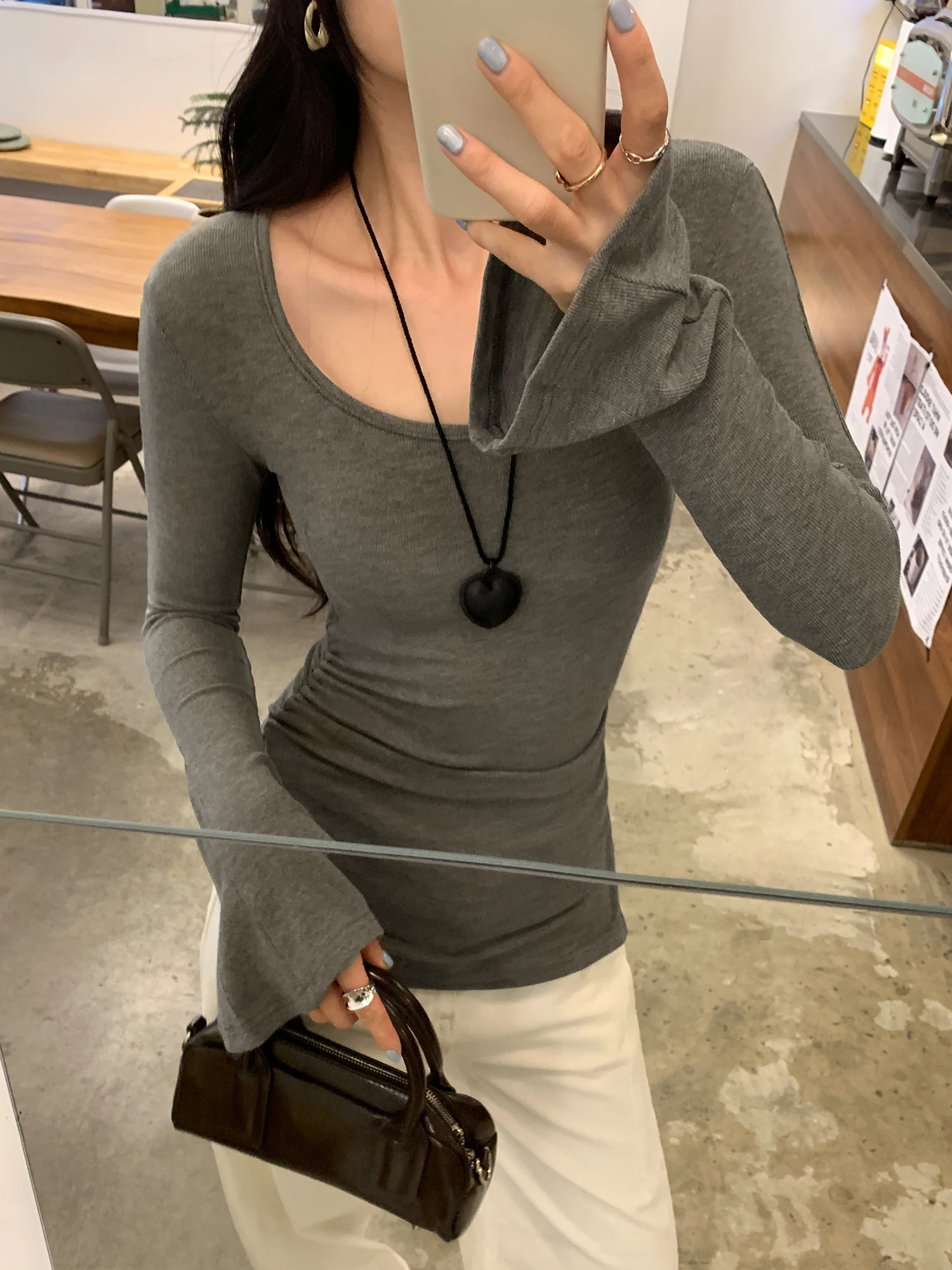 Unique Bell Sleeve Base Shirt Women's Autumn Winter New Style Long Sleeve T-Shirt Inner Wear Outer Wearable Slim Fit Commute ...