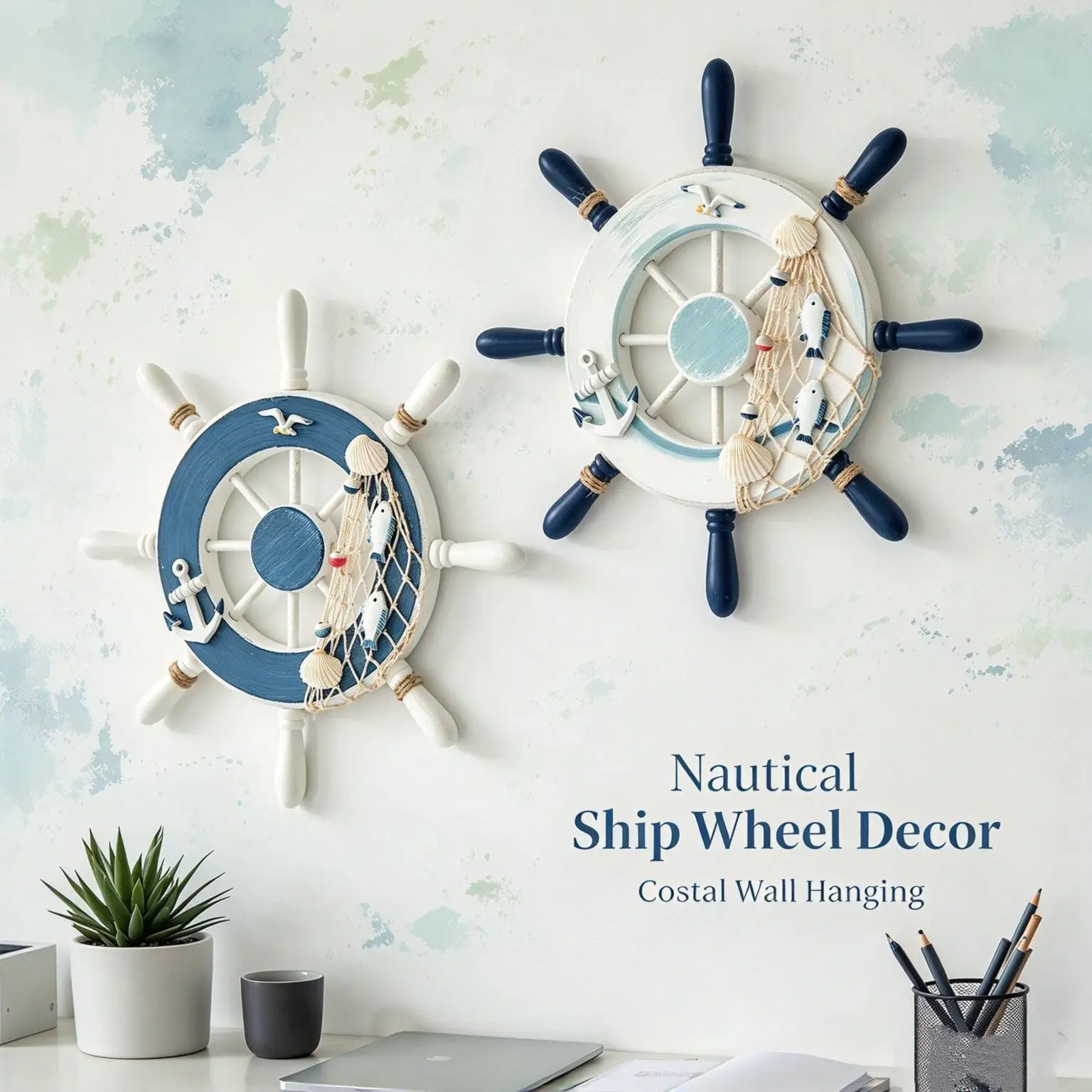 Wooden Fish Hanging Ornament, Nautical Style Wall Pendant with Braided Rope Bell Home Window Door Decor