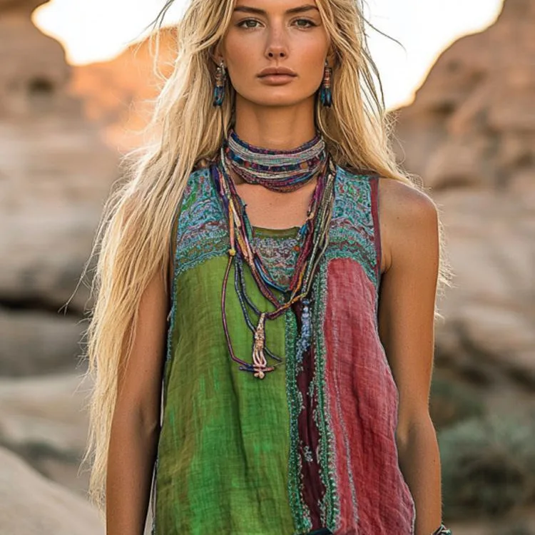 

Retro Ethnic O-Neck Cotton Linen Vest Top Women's Contrast Striped Patchwork Sleeveless Pullover Top Beach Vacation Clothing