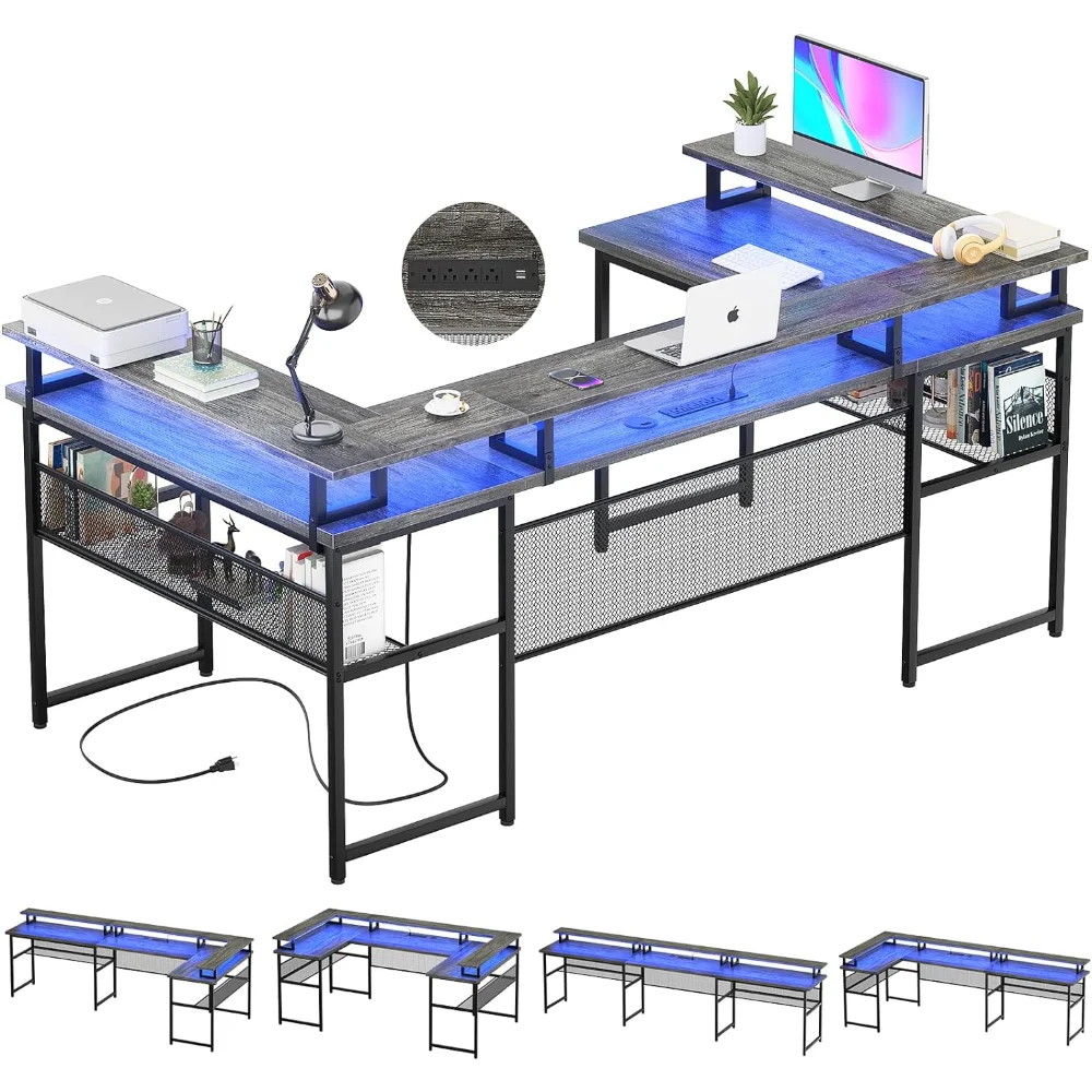 

Shaped Computer Desks, Reversible Office Desk with LED Strip and Power Outlets, L Shaped Table with Full Monitor Stand