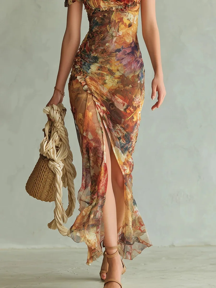 2026 Spring New Women V Neck Print Waist Cinched Ruffle Trim Loose Temperament Versatile Long Dress Fashion Vacation Style Dress - Image 6