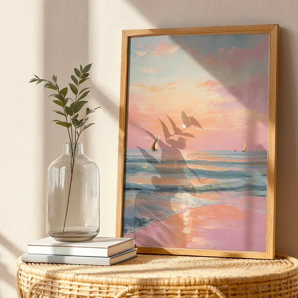 Bohemian Style Coastal Beach Decoration Painting with Minimalist Sunset Print Poster Use As Decoration Living Room Dining Area