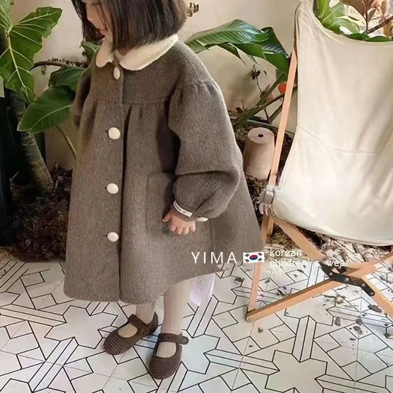 

Girls Woolen Coat Jacket Windbreak 2023 Cute Warm Thicken Winter Cotton Overcoat Plus Size Children's Clothing