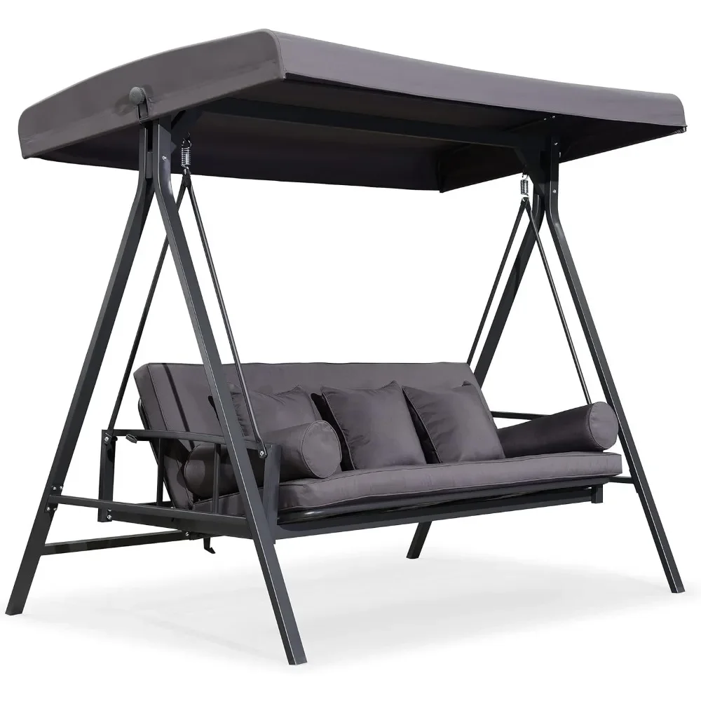 Outdoor Terrace Porch Swing with Adjustable Backrest, 3 Swing Chairs with Weather Resistant Steel Frame