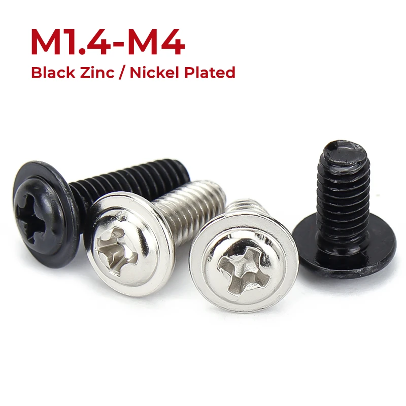 Tornillos Phillips de cabeza redonda M1.4, M1.7, M2, M2.5, M3, M3.5, M4, niquelado de Zinc negro, con almohadilla, cabeza redonda, ranura Phillips, Perno Allen