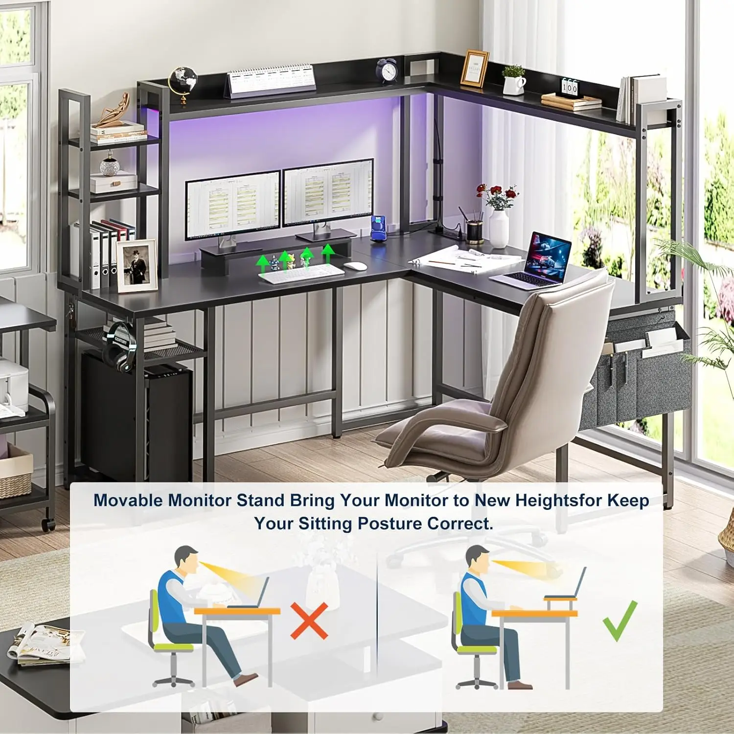 Aheaplus L Shaped Desk with Power Outlet, L Shaped Gaming Desk with Led Light & Hutch, Reversible Home Office Desk, Corner