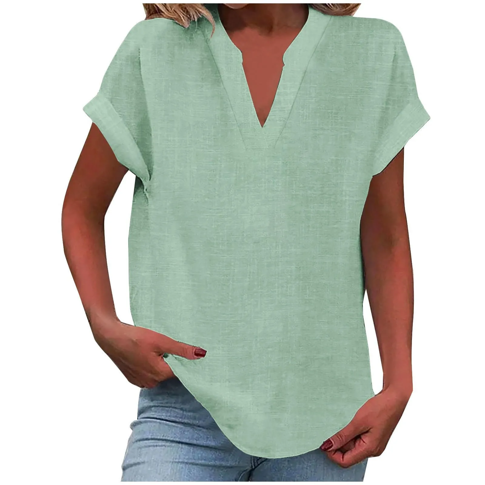 

Summer Cotton Linen Breathable Solid Color Button Down V-neck Shirt Basic And Versatile Casual Comfortable Lady Office Tops 2025