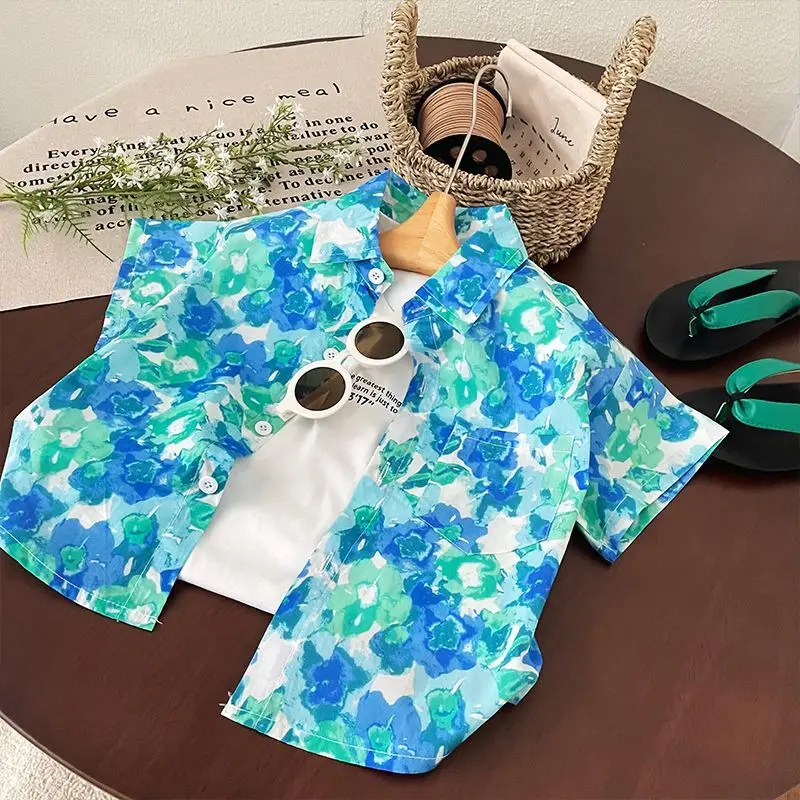 BOYS Tropical Print Short Sleeve Cotton Shirt Summer Toddler Casual Top Beachwear Baby Boy Shirt