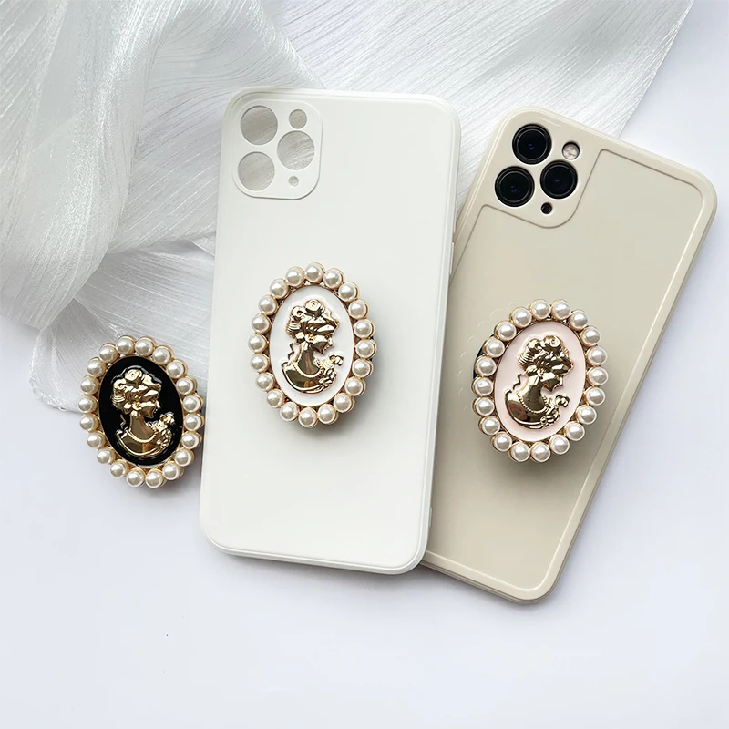 Korea Metal Glossy Pearl Beauty Expandable Socket Phone Holder Grip Finger Ring Foldable Support Stand Accessories