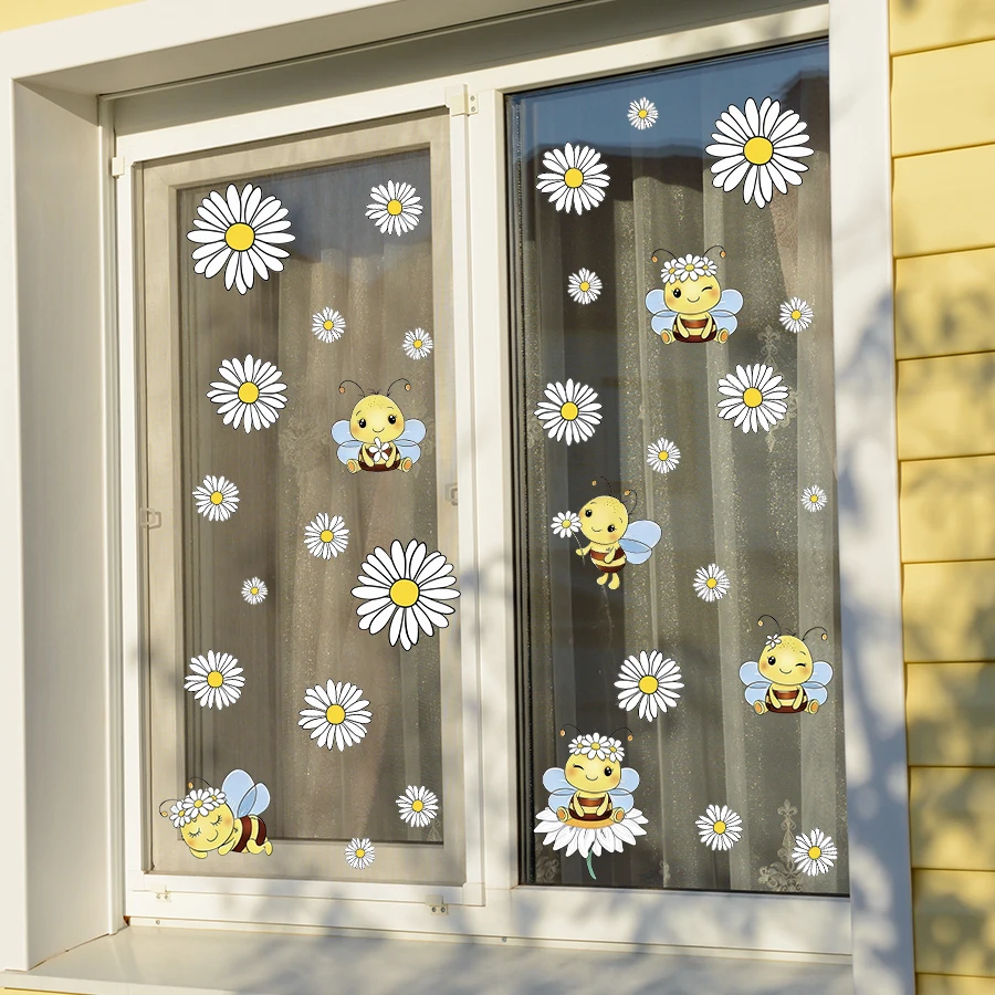 1/2 Blatt süße Fensteraufkleber mit Bienen- und Gänseblümchenmotiv, statische Aufkleber mit Frühlingsblumen, wiederverwendbare doppelseitige Glasaufkleber für das Schlafzimmer