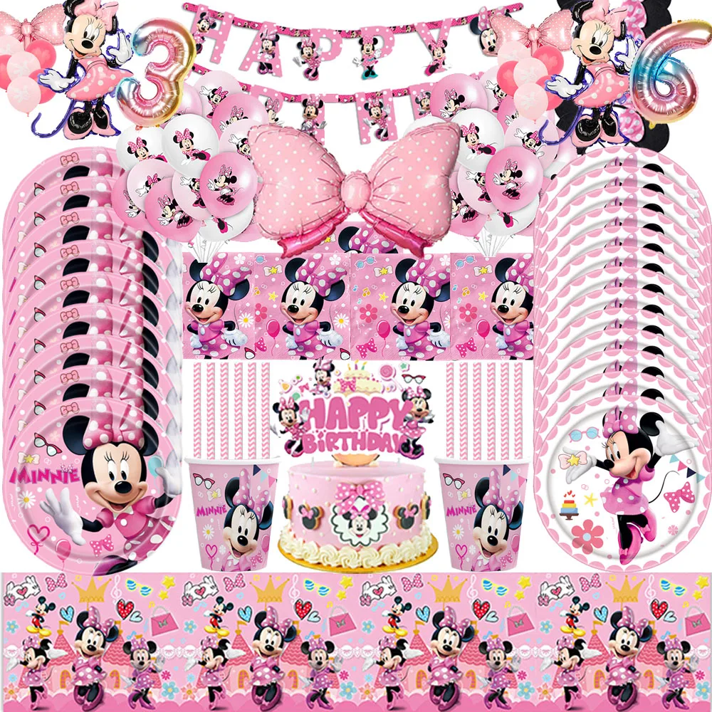 

New Disney Minnie Mouse Birthday Party Decorations Kids Disposable Tableware Cups Plates Balloons Tablecloths Girls Party Supply