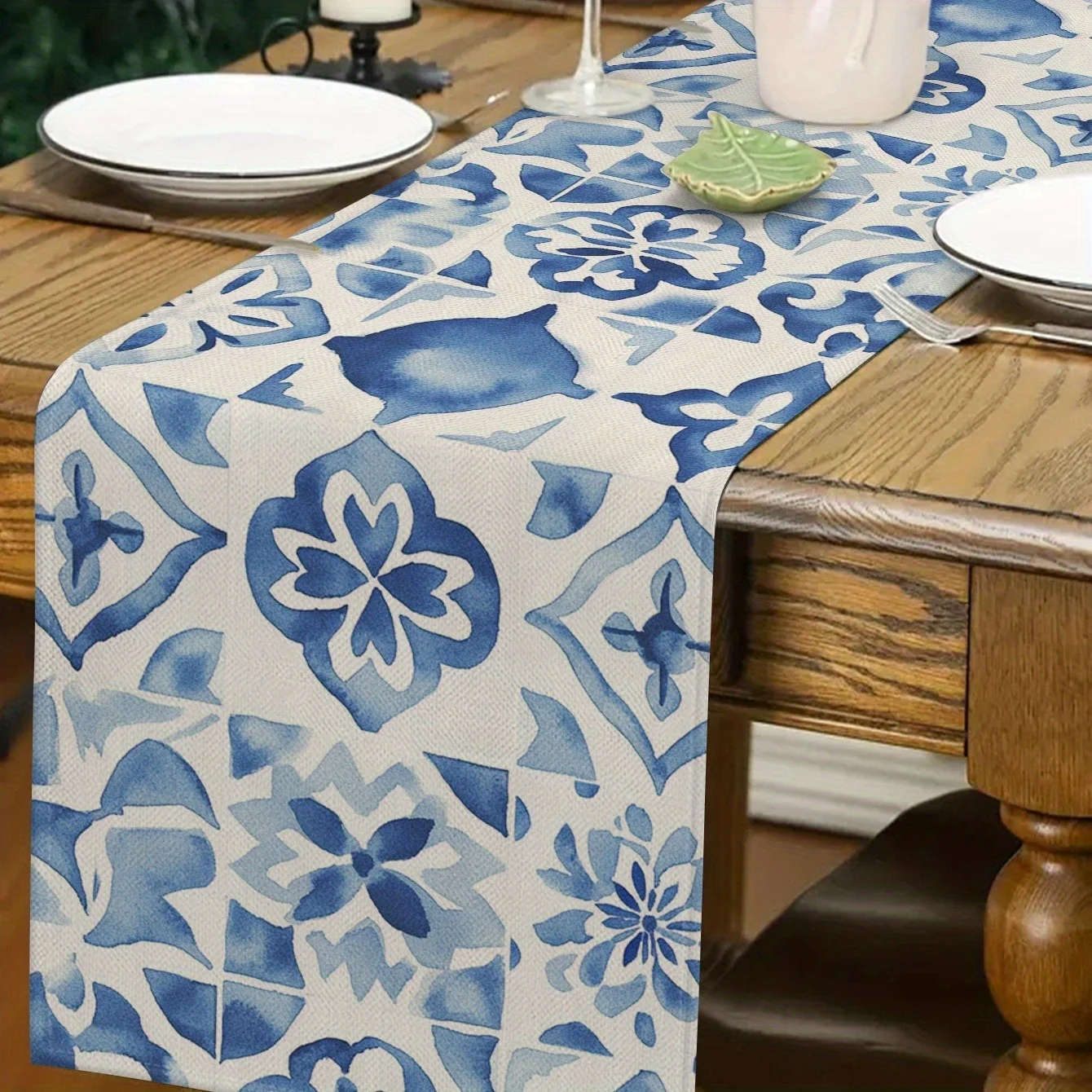 Elegant Blue & White Floral Table Runner - Blend Tile Pattern, Durable Holiday Wedding Party Decor