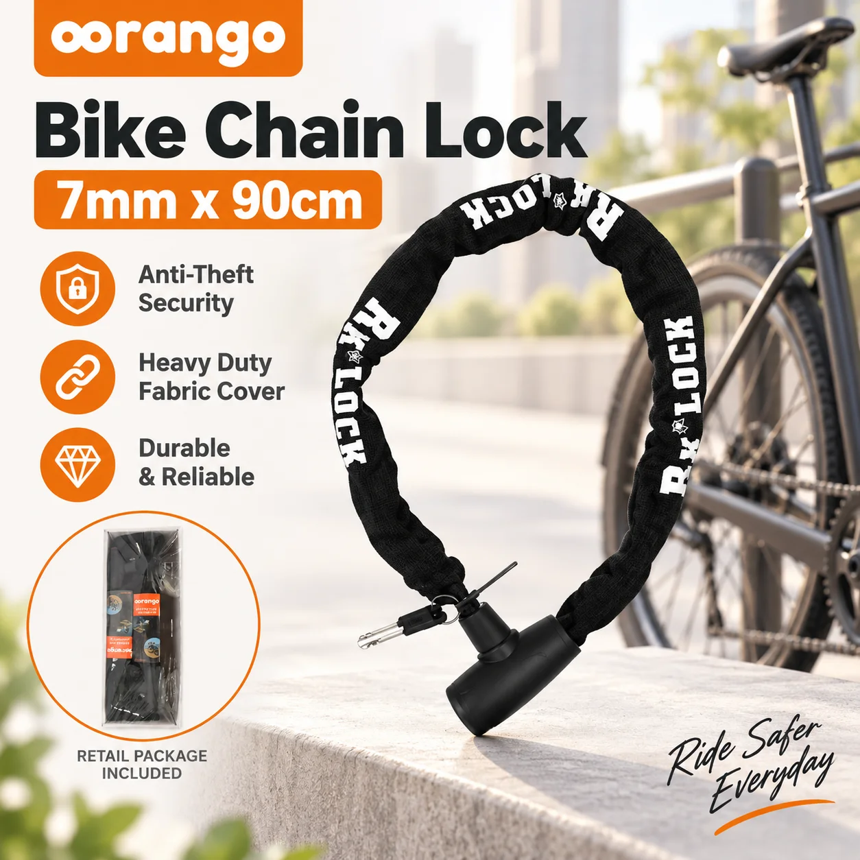 Lucchetto per catena da bicicletta resistente, 7 mm x 90 cm, con chiavi, antifurto, per biciclette, e-bike, scooter, moto, uso esterno, catena rivestita in tessuto.