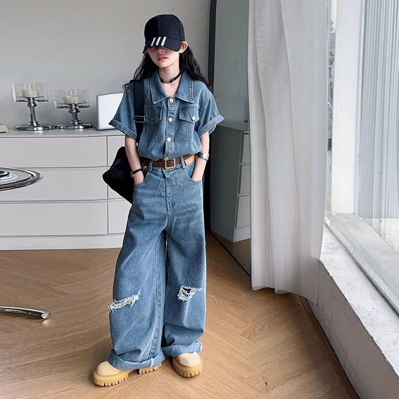 

Girls Denim Jumpsuit Summer 2025 New Casual and Fashionable Korean Simple Handsome Loose Trendy Perforated Casual Jumpsuit