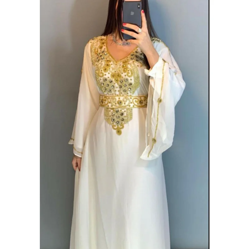 

White African Clothing Morocco Formal Beaded Farasa Dress Abaya Women's Dubai Long Shirt European and American Fashion Trends