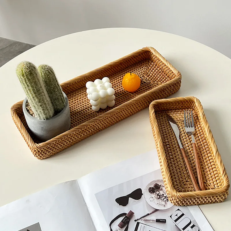 

Handmade Rattan Desktop Square Coffee Bread Tray Nordic Ins Style Light Luxury Storage Rack Cosmetics Storage Basket
