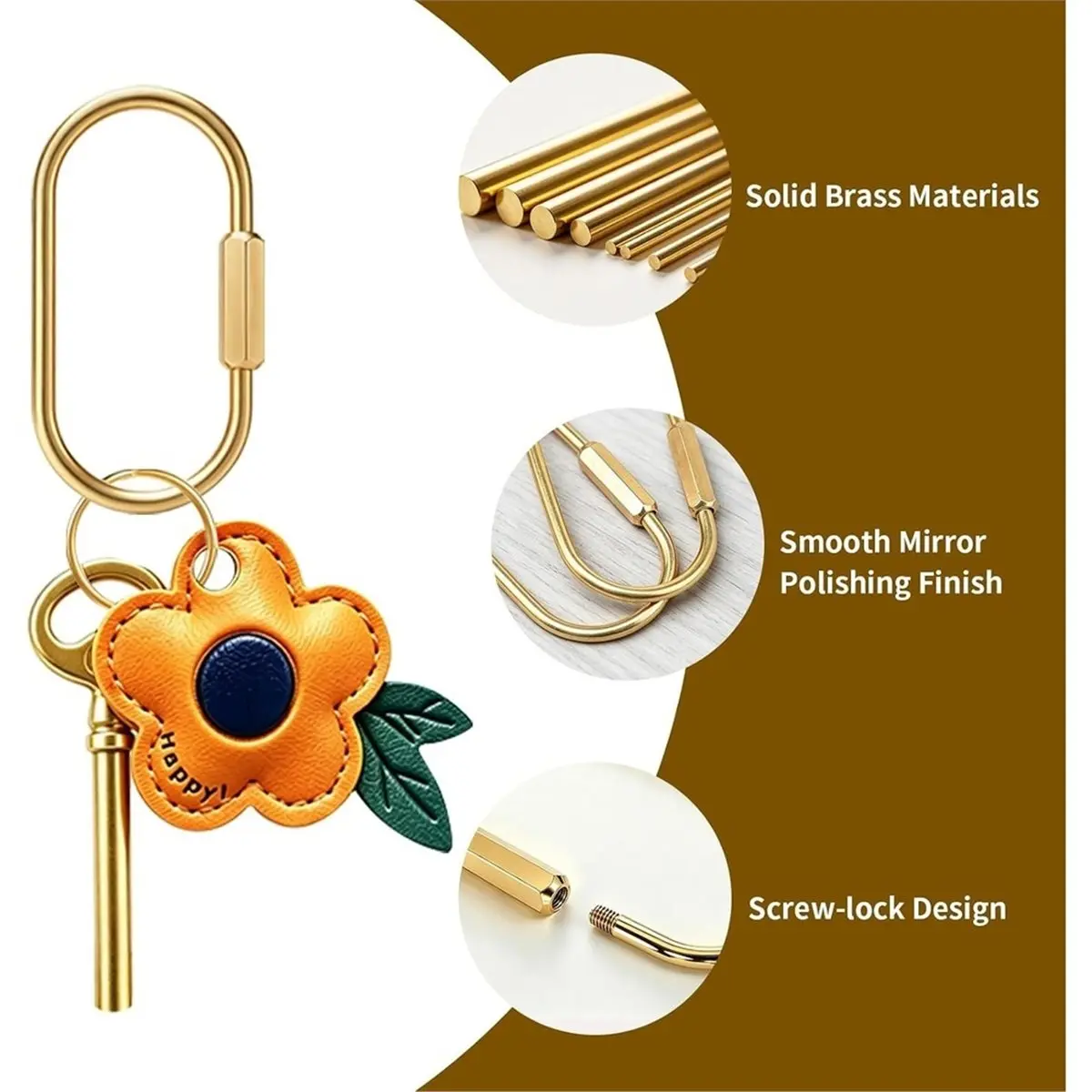 6 Pcs Brass Key Rings - Gold Carabiner with Secure Screw Lock, Keychain Carabiner Clips for Keys, Bag Charm Clip