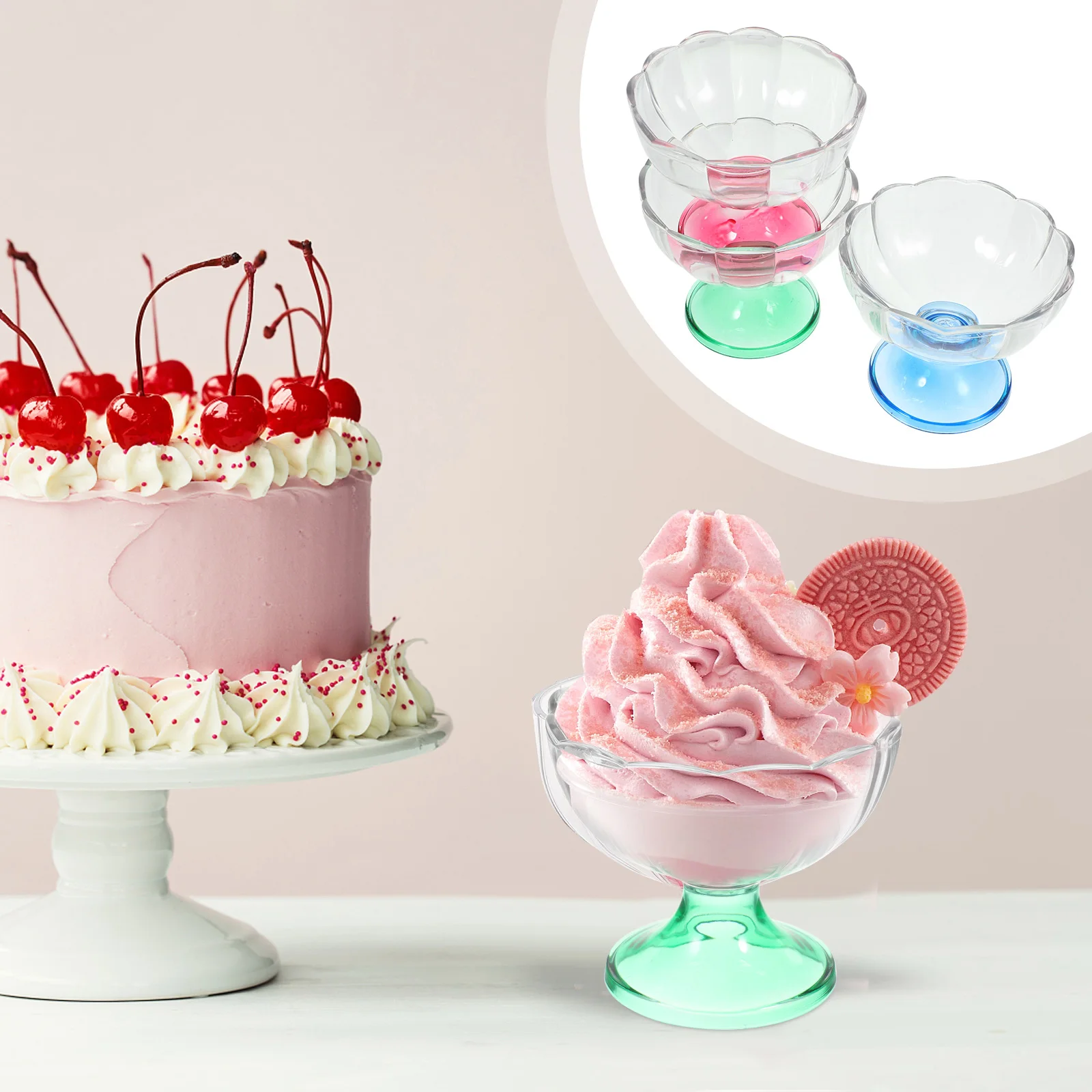 

3pcs Acrylic Ice Cream Cups 240ML High Transparency Dessert Bowls Red Blue Green Anti Slip Home Party Bar KTV Pudding