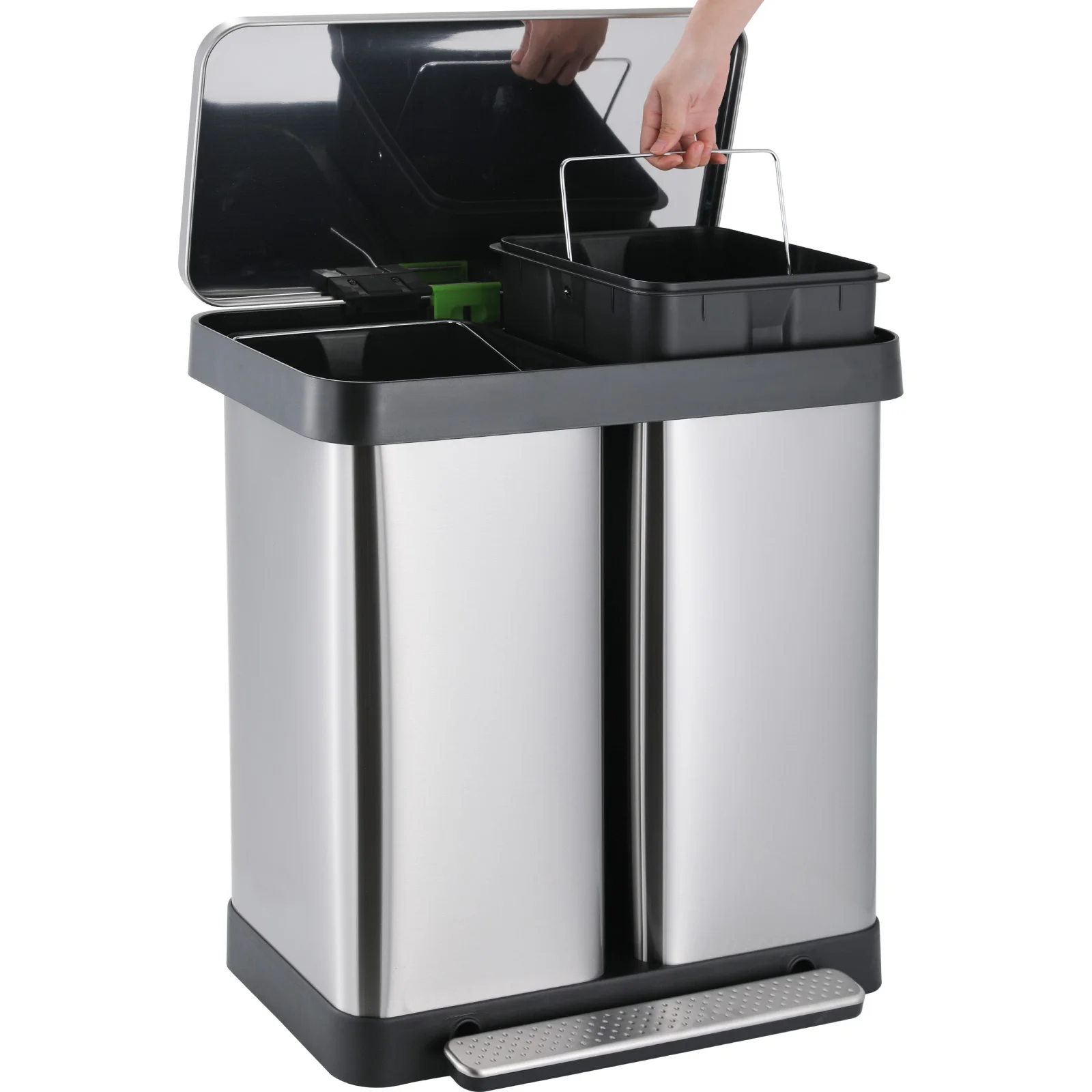 

AOOU 16 Gallon Dual Trash Can, 60L(2x30L) Stainless Steel Kitchen Garbage Can, Step-on Classified Recycle Garbage Bin