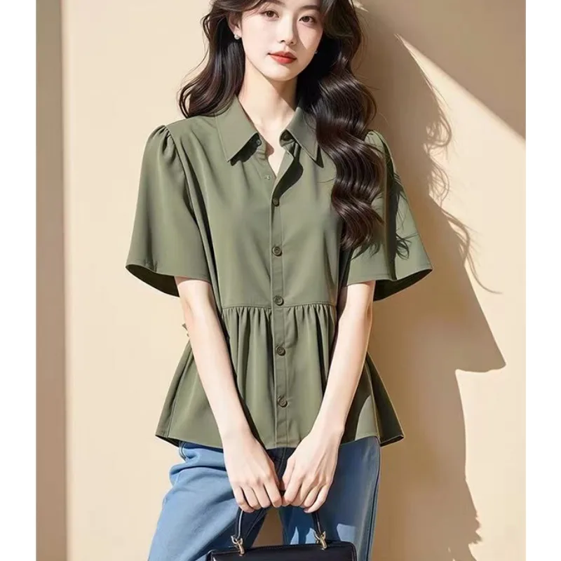 Militaryenn Bubble Sve irt المرأة Sle سليم صالح الصيف وصول جديد ارتفاع الخصر التخسيس الياقة العليا ort Sve #4