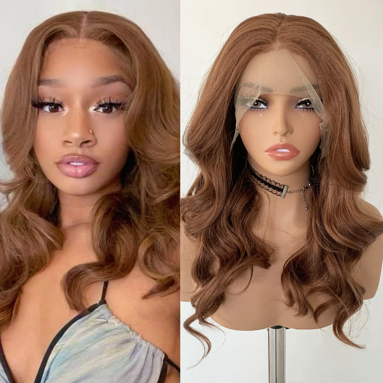 wif-ブラウンショートウェーブ合成ウィッグ-13x4-レースフロントナチュラルヘアライン耐熱ファイバー女性用日常コスプレパーティー使用