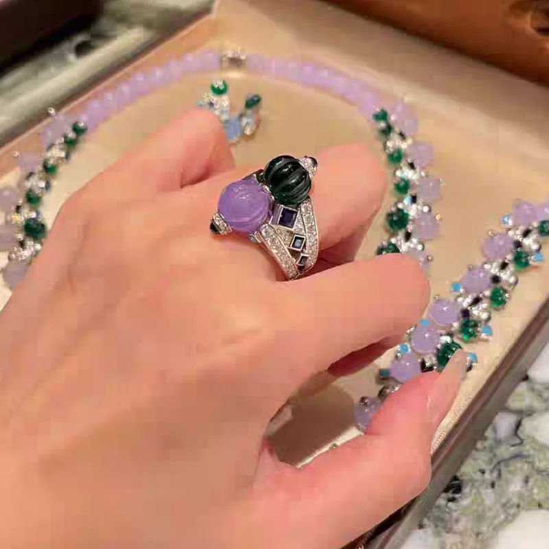 

KQDANCE New High Craft Carved 925 Silver Synthetic Light Purple Green Turquoise Sapphire Gemstone Fruit Style Ring Women Jewelry