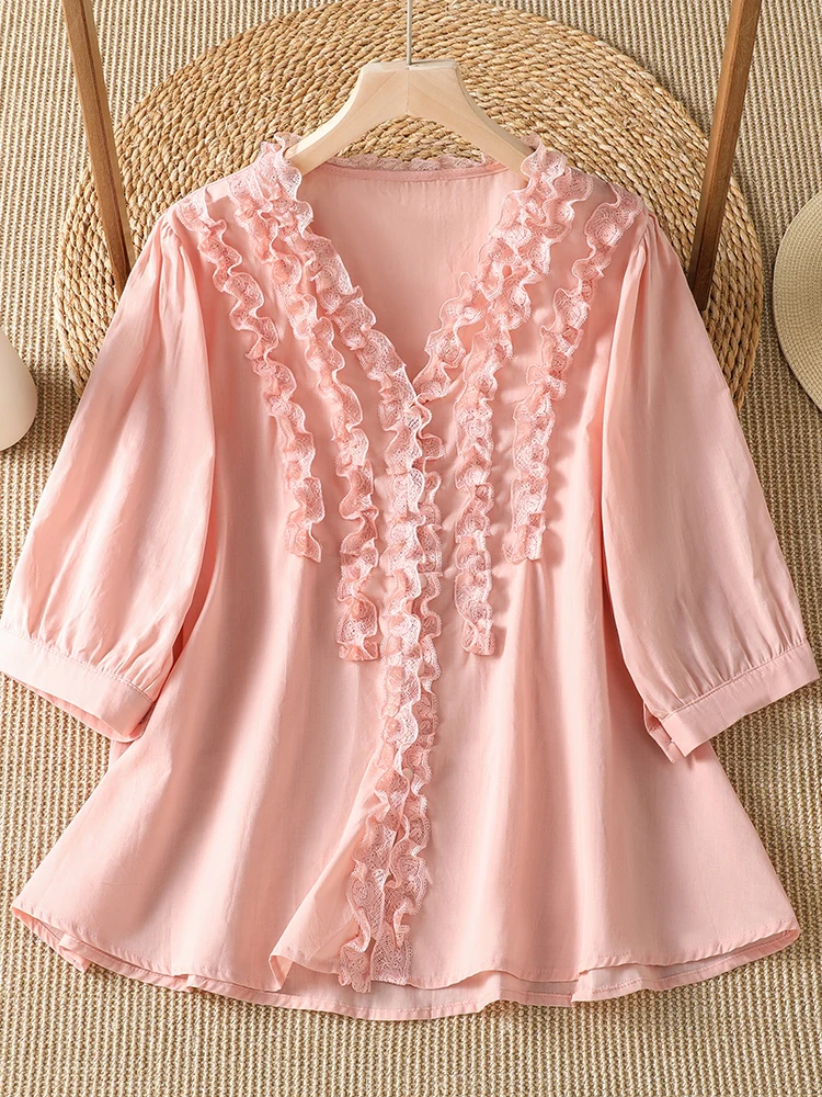 

Elegant Lace Trim Cotton Linen Five-Button Shirt Women Summer Anti-Aging Pink V-Neck Thin Artistic Style Loose Fit Shirt