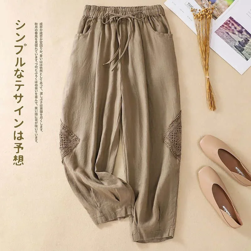 

Хлопковые льняные брюки-фонарики, женские повседневные вязаные крючком мешковатые брюки большого размера с высокой талией, винтажные брюки в корейском стиле с эластичной резинкой на талии