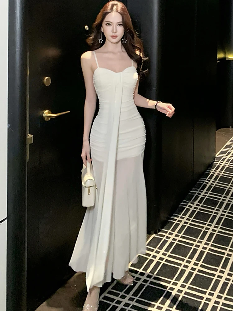 

Весенне-летнее белое сетчатое шикарное длинное платье с рюшами для женщин, элегантное повседневное платье на бретельках, корейское винтажное облегающее вечернее платье класса люкс 2026