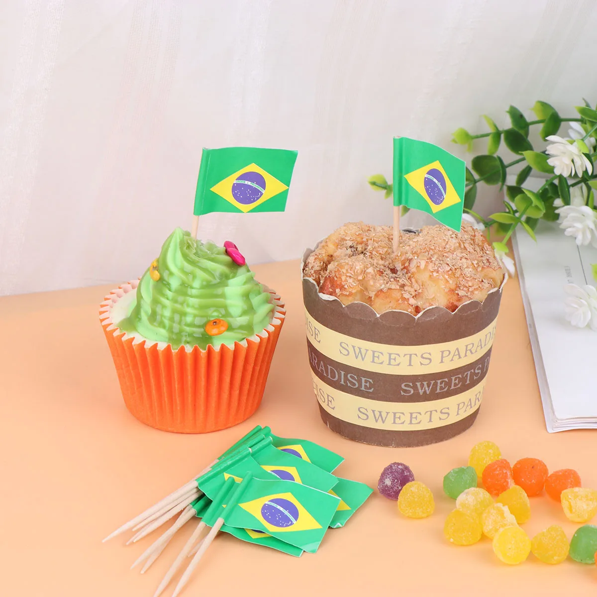 100pcs Brazil National Flag Design Cake Toppers Creative Cake Fruit Picks Cupcake Insert Decor Toothpick Party Supplies