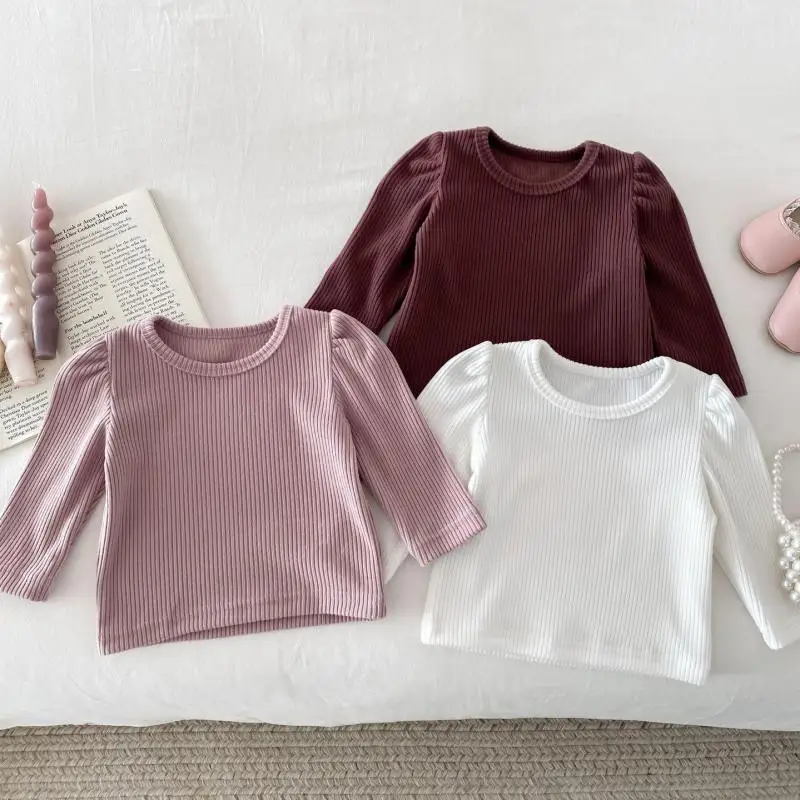 2024 Spring New Baby Girls Long Sleeve T Shirts Cotton Infant Toddler Solid Casual Pullover Kids Versatile Bottoming Shirt