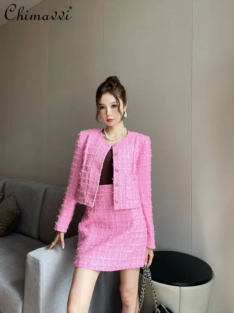 

2024 Spring Autumn Elegant Socialite Tweed Suit Long Sleeve Round Neck Tassel Jacket High Waist Mini Skirt Two Piece Sets Women