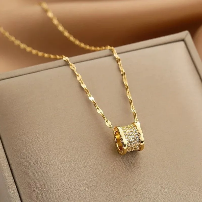 Stainless Steel Chain Luxury Zircon Crystal Pendant Clavicle Necklace For Women  Jewelry Female Wedding Party Gift