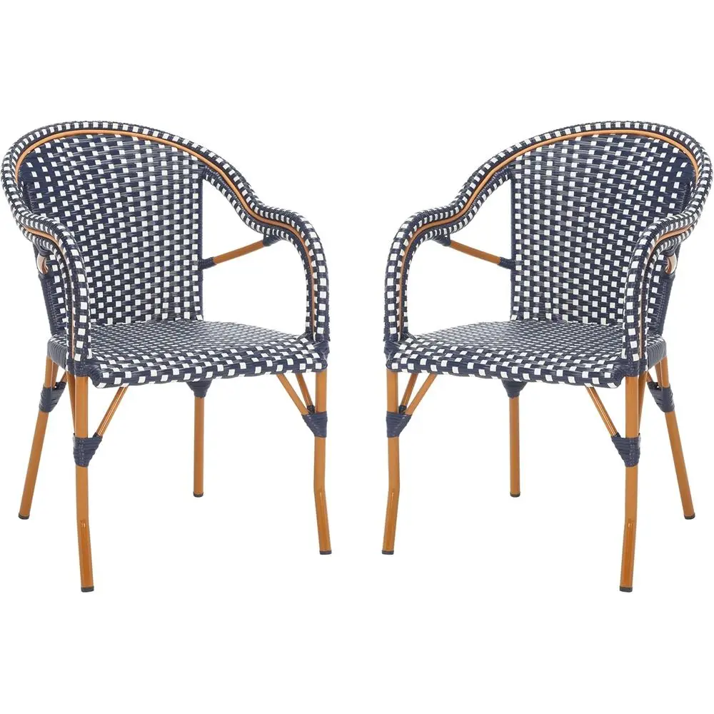 

2-Piece Navy & White Outdoor Wicker Bistro Set with Arms, Perfect for Patio or Dining Area, 17.3 Seat Height