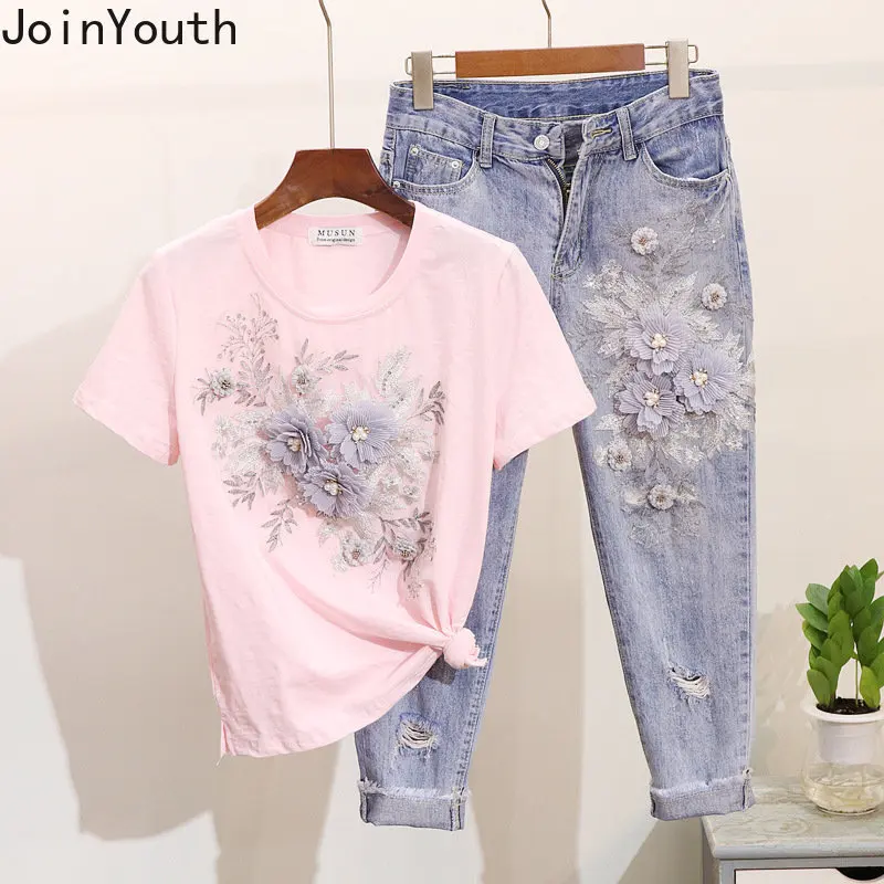 Fashion 2 Piece Set for Women Y2k Jeans Suit Beading Embroidery Tshirt Tops + High Waist Hole Tunic Pants Sets Casual Outfits