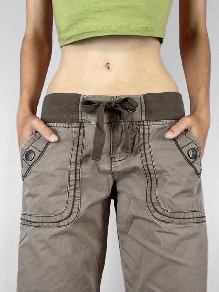 جينز نسائي عتيق برباط Y2k Harajuku بخصر منخفض جيوب أمريكية كلاسيكية بنطلون مستقيم ملابس خروج غير رسمية سراويل جيارو