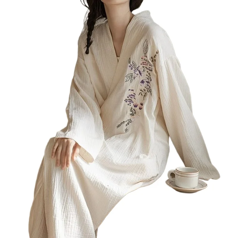 Embroidery Robe for Women V-neck Summer Sleepwear Nightdress Japanese Night Wears One Piece Lace-up Korean Reviews Many Pajama