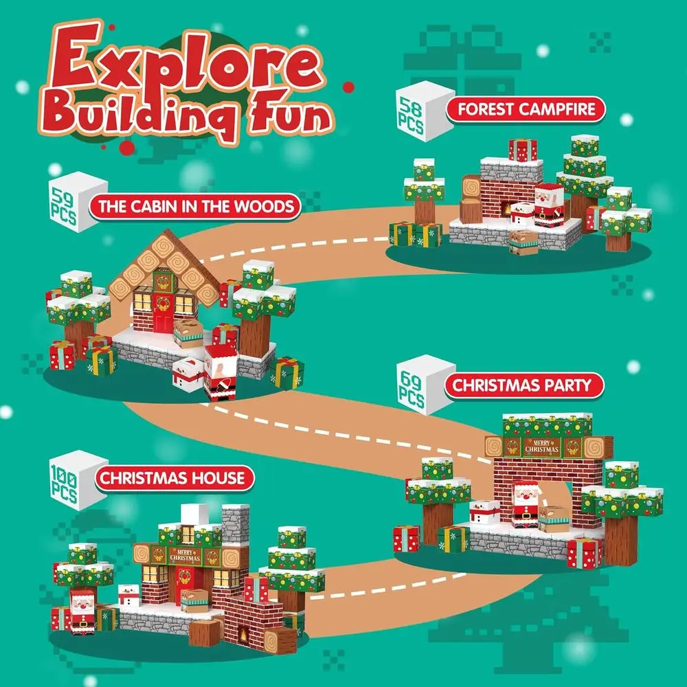 Set di blocchi magnetici da 100 pezzi, giocattoli educativi STEM per bambini dai 3 ai 10 anni, ispirati al Montessori (edizione natalizia)