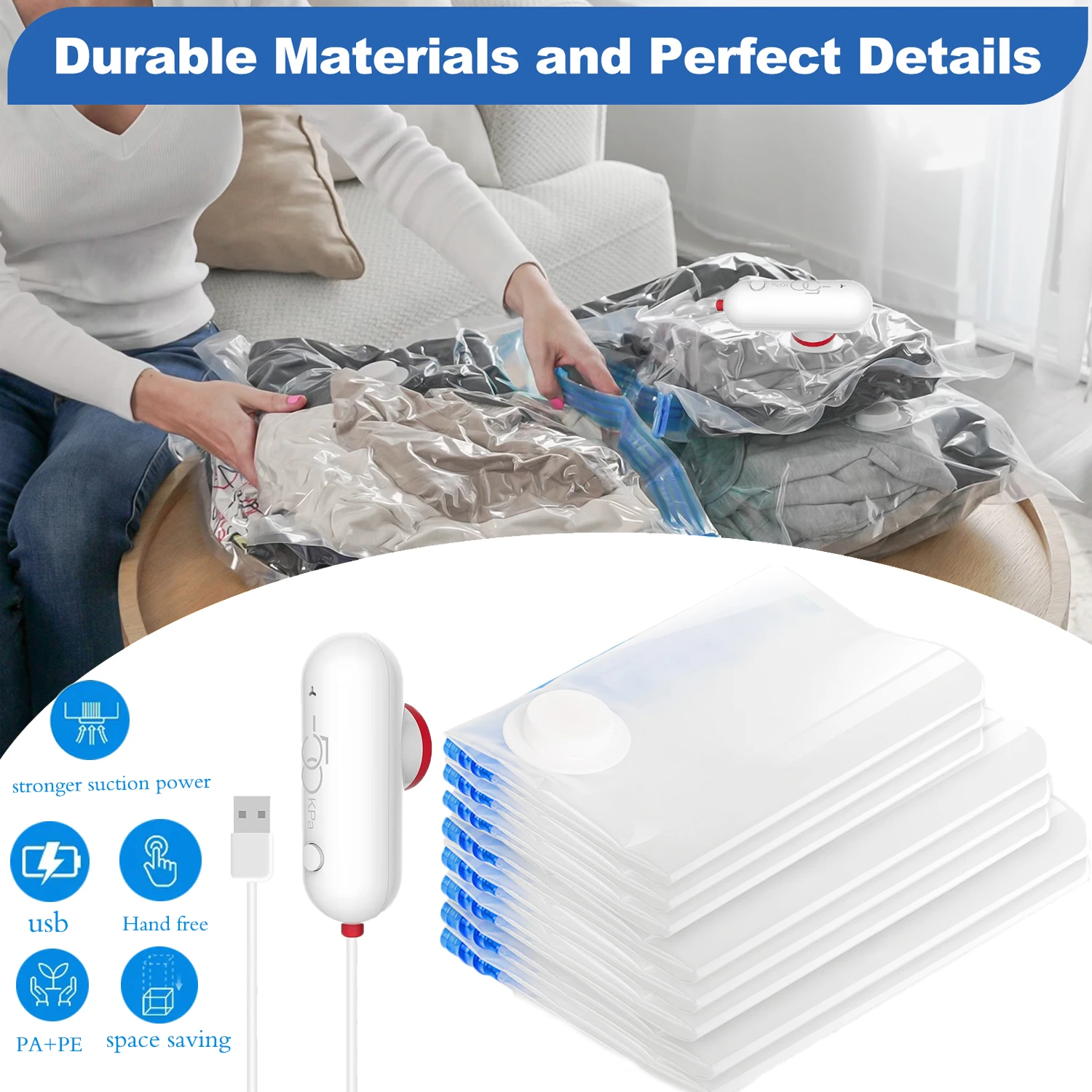 Portable Storage Bag Vacuum USB Electric Air Pump Double Zipper Sealed Space Saving for Travel Home clothing Compressed Organize