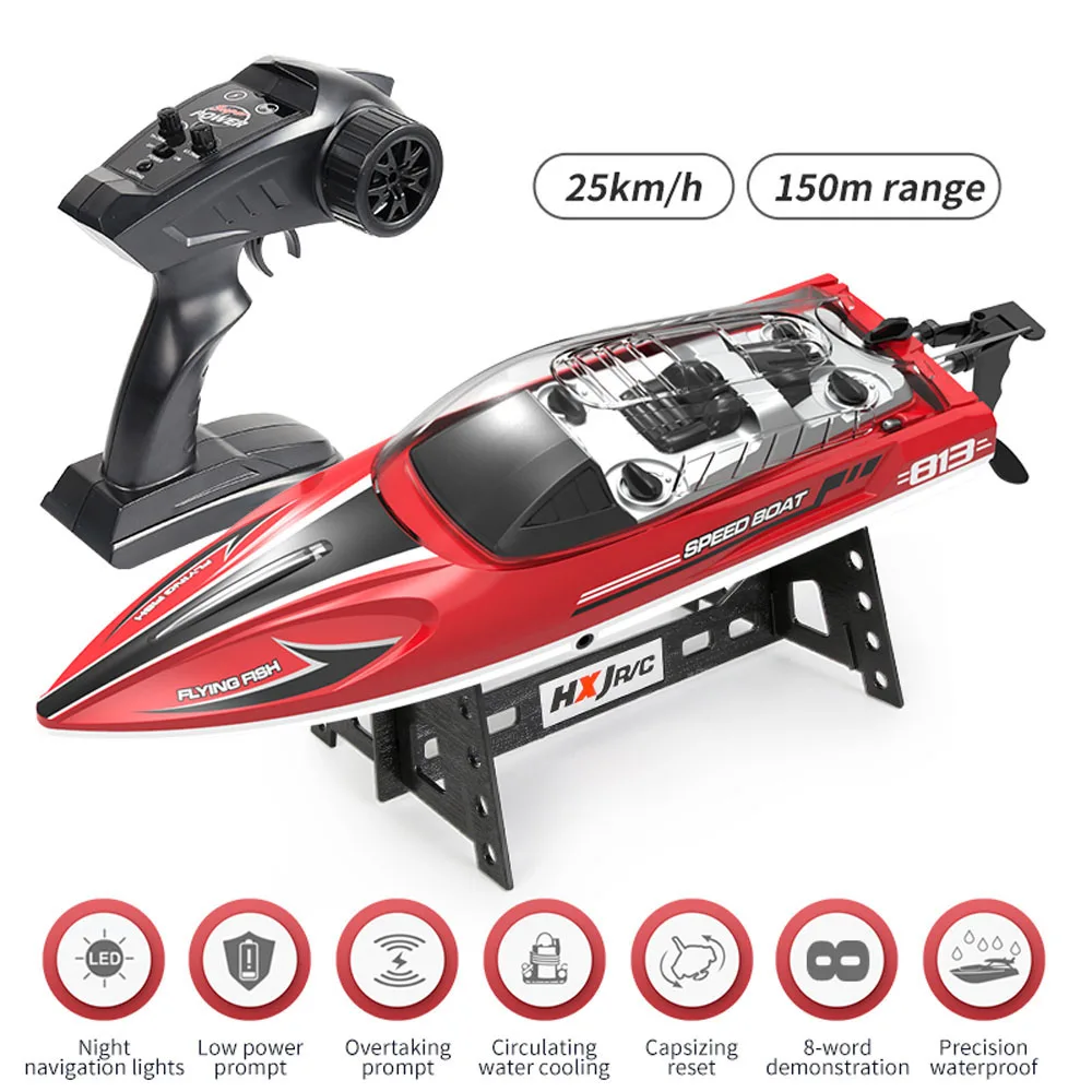 HJ813 RC Boat With Light High-Speed Speedboat 25km/h Electric Waterproof Professional Remote Control Boats Gifts Toys for boys