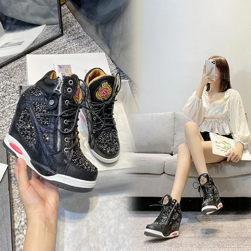 Scarpe da donna con punta a punta in vera pelle con paillettes Bling Lace Up Sneaker con zeppa nascosta scarpe con tacco a zeppa in oro con cerniera