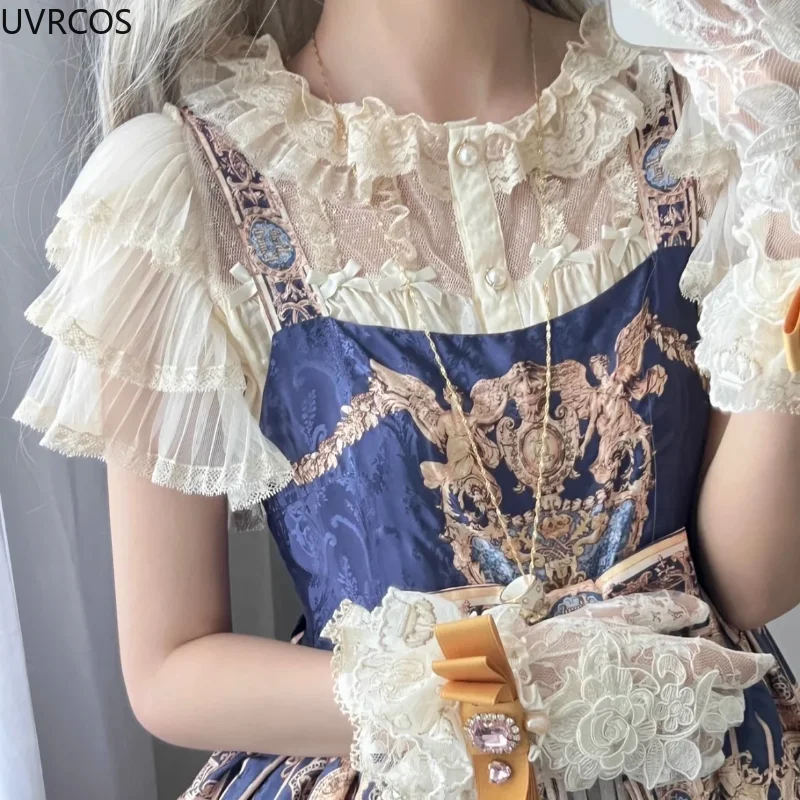 Japanese Victorian Lolita Princess Blouse Women Vintage Elegant Lace Bow  Ruffles High Waist Slim Shirts Gothic Short Sleeve Top