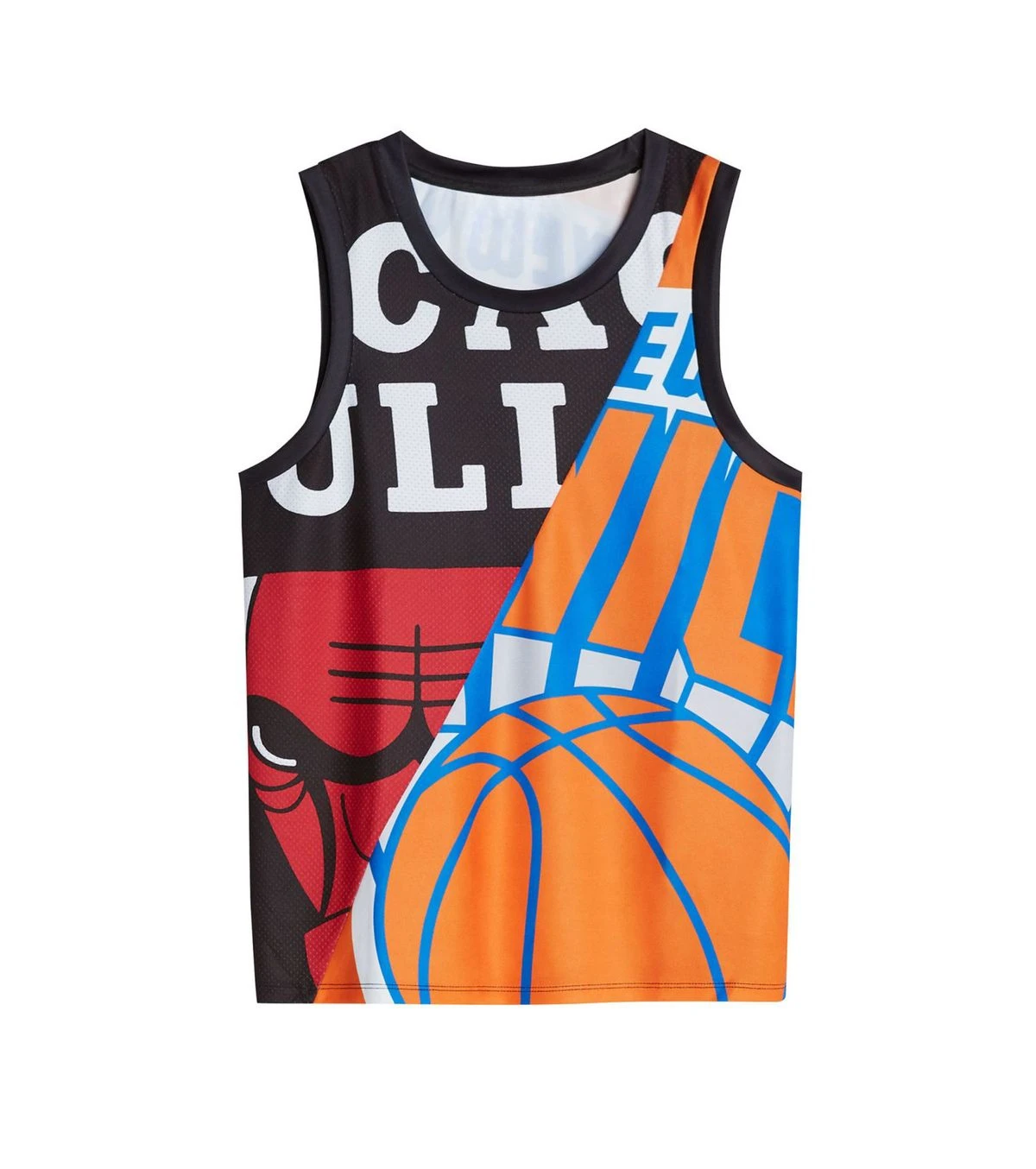 Split Design Chicago Bull Basketball Pattern Tank Top Full Print Large Basketball Pattern Mesh Sleeveless Street Tank Top