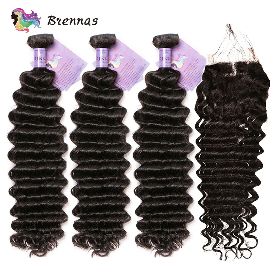 Deep Wave Human Hair Bundles With Closure Natural Color Brazilian Hair Weaves Deep Wave Bundles With 4X4 Lace Closure For Women