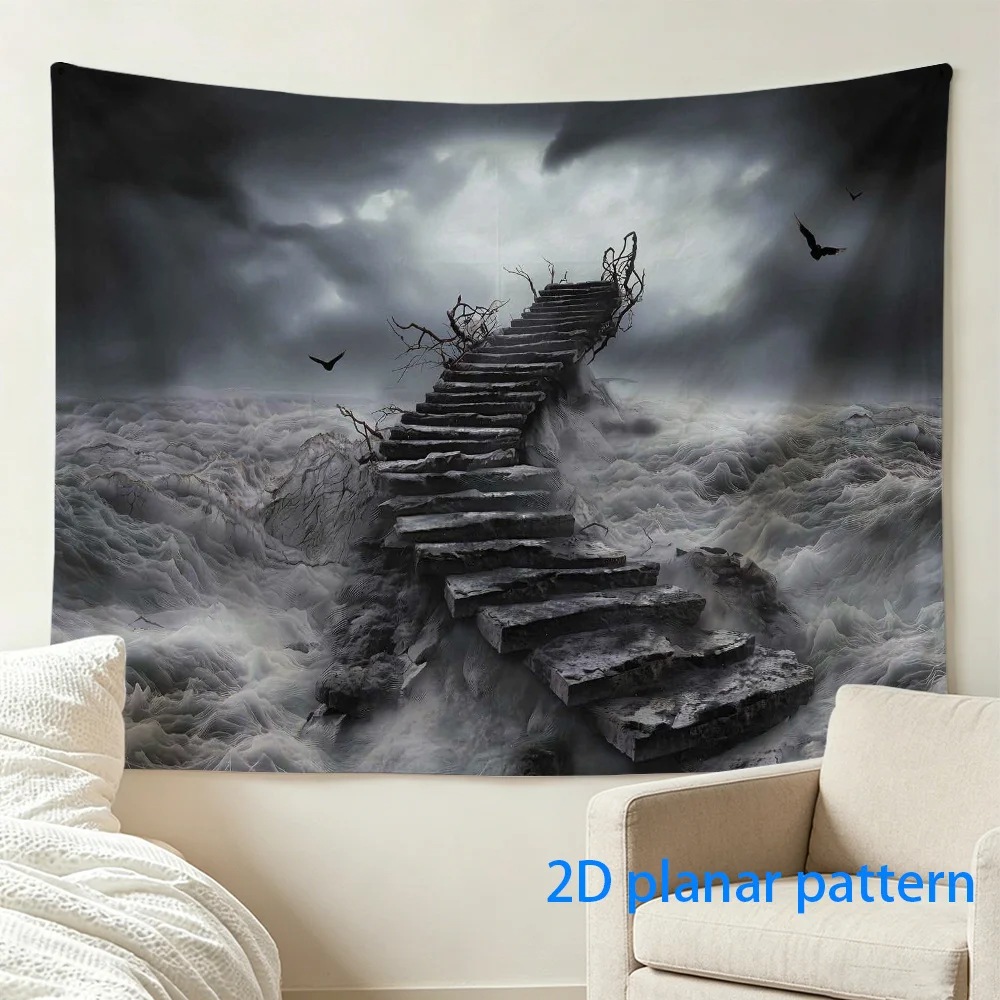 Dark Fantasy Stairway Tapestry, Stormy Sea Wall Hanging, Surreal Ocean Art Decor, Gothic Misty Background Cloth for Bedroom