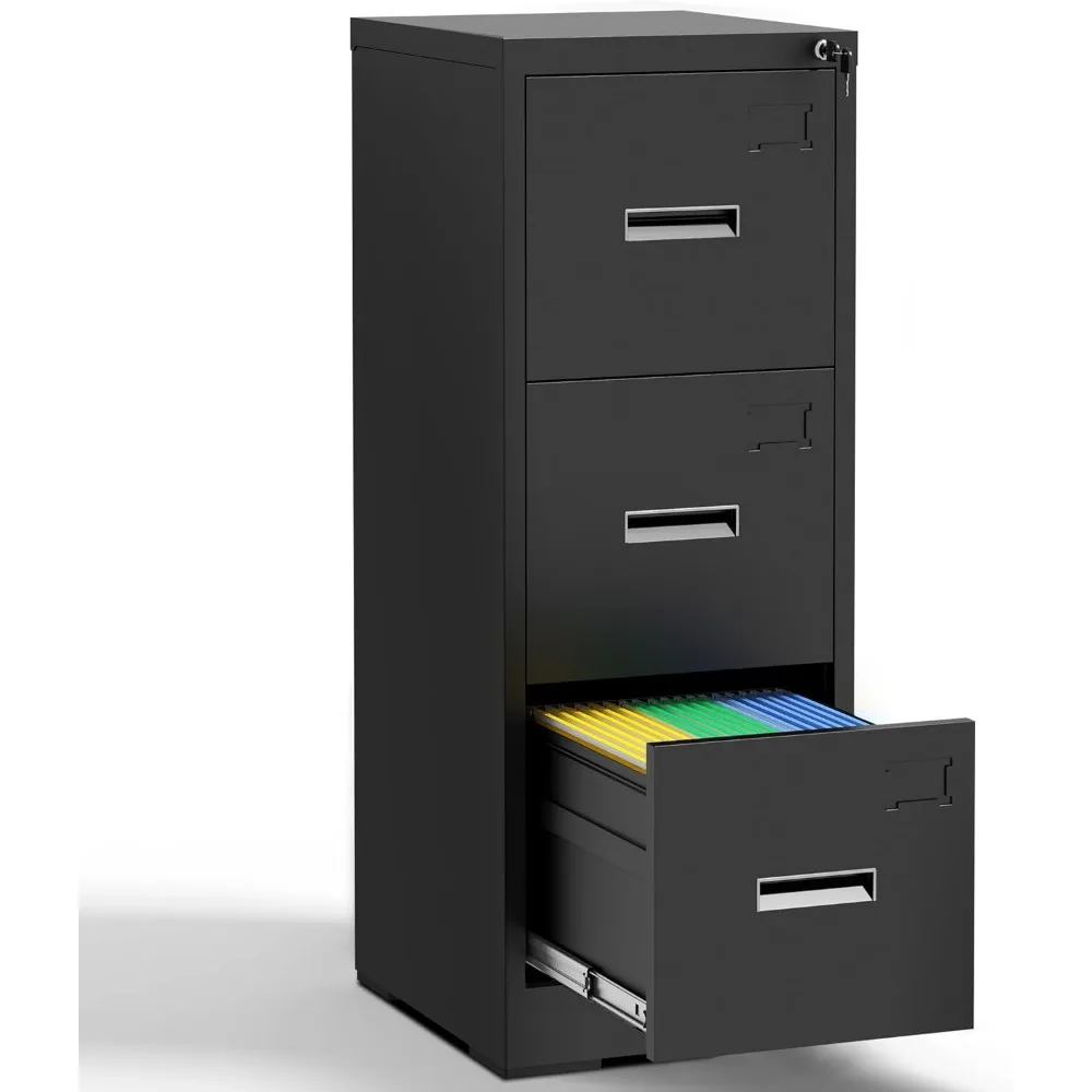 

3 Drawer File Cabinets with Lock, Black Vertical Filing Cabinet for Home Office, Heavy Duty Metal Storage Cabinets Office Steel