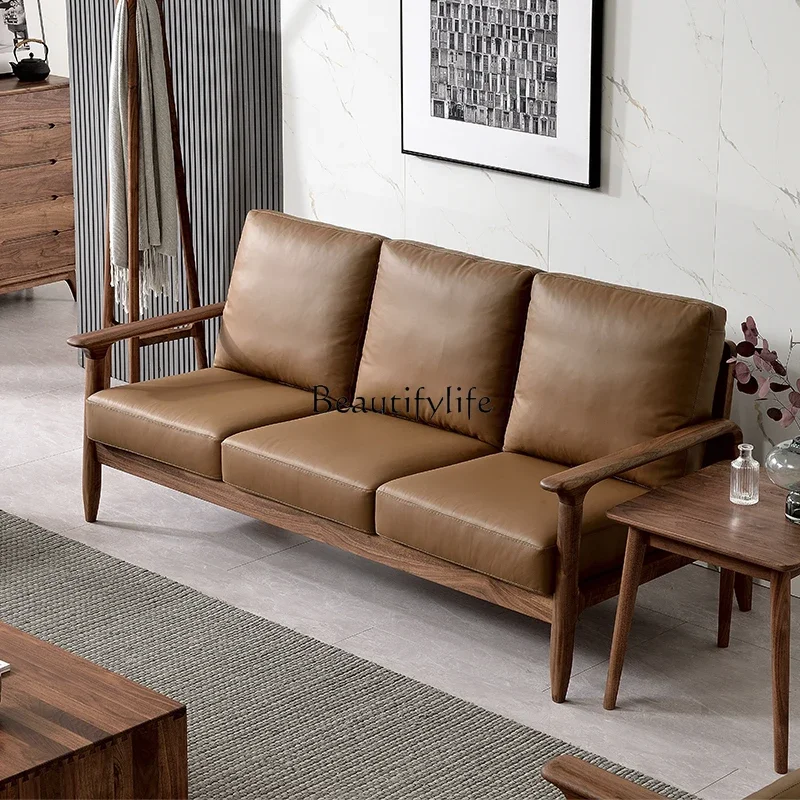 

LBlack walnut sofa leather small apartment all solid wood sofa living room Italian style