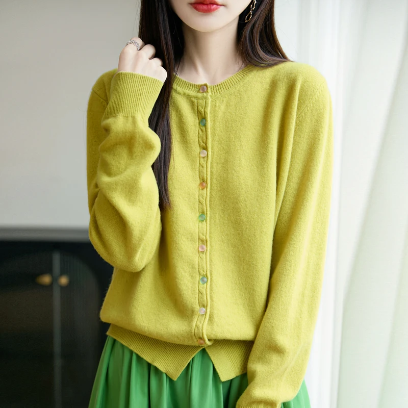 New Arrival Autumn Winter  Women's Merino Wool Knit Cardigan O-Neck Colorful Ornament Buttons Sweater Solid Delicate Grace Top