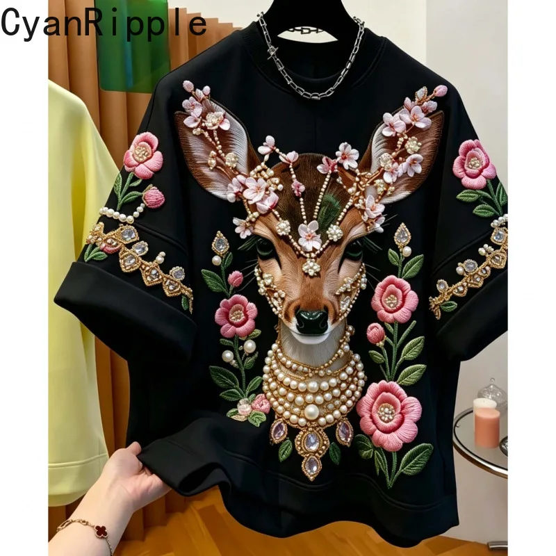 2026 New Spring Summer Loose Black Short Sleeve T-shirt Luxury Pearl Beading Round Neck Pullover Top Elegant Printed Casual Tees