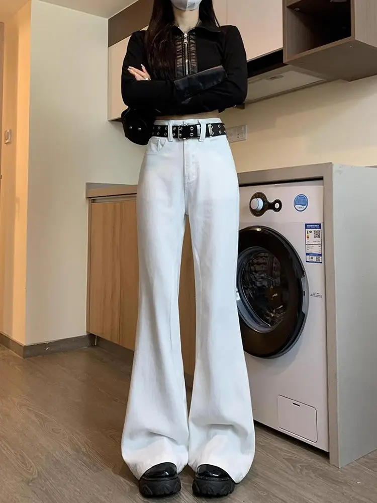 

American Style High Waist Bell Bottom Jeans Women's White Slimming Design Loose Wide Leg Pants Summer Fashion Ladies Jeans
